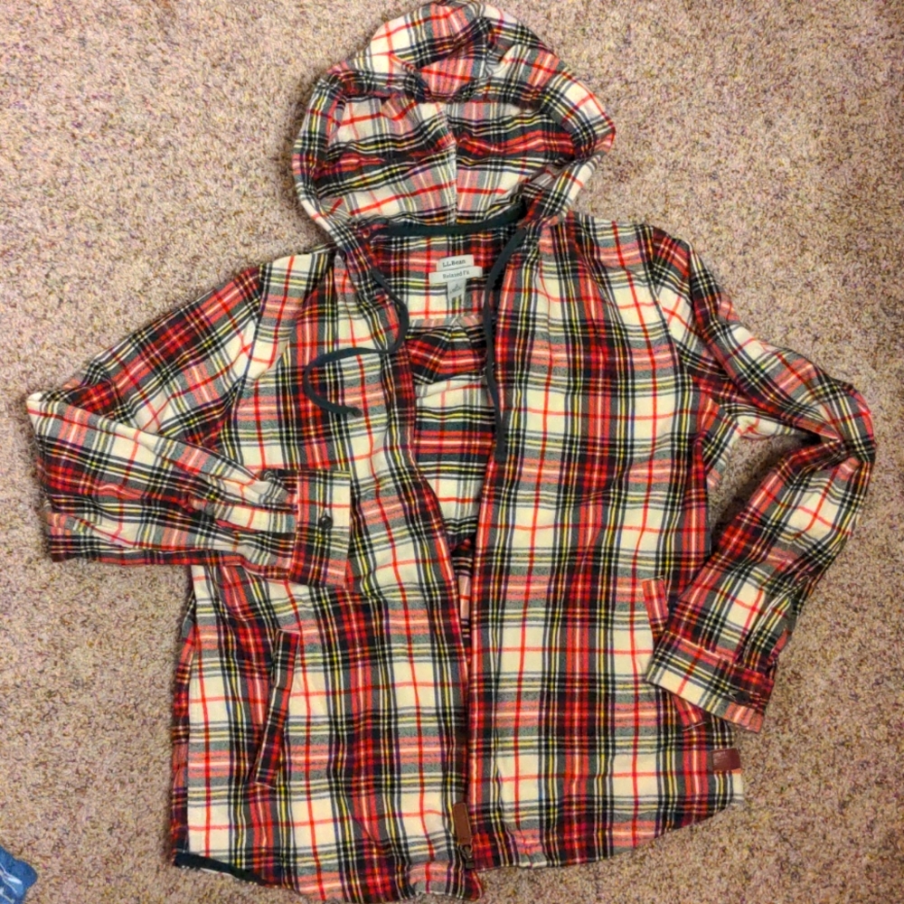 LL Bean relaxed fit size small zip up plaid hoodie